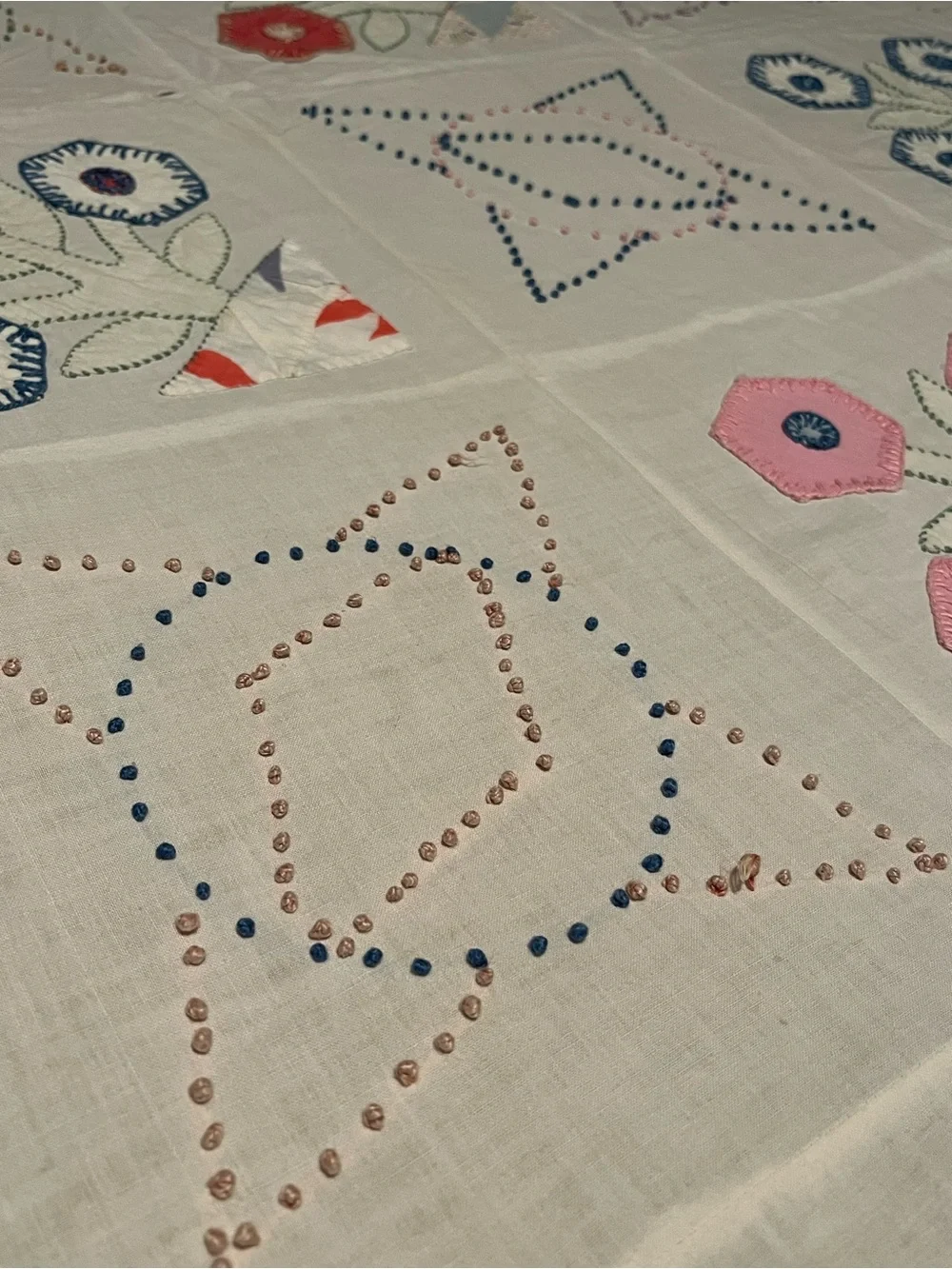Vintage Hand Appliquéd Embroidered Flower Basket Bedspread/Coverlet 100” x 88”